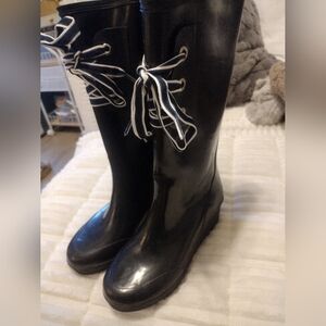 New, Sperry Top Siders Black Rubber Water Rain Boots With Ribbon, Wedge